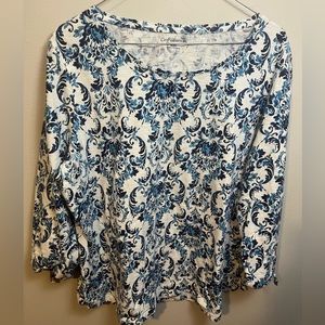White with Blue Paisley Croft & Barrow Long Sleeve Scoop Neck Top